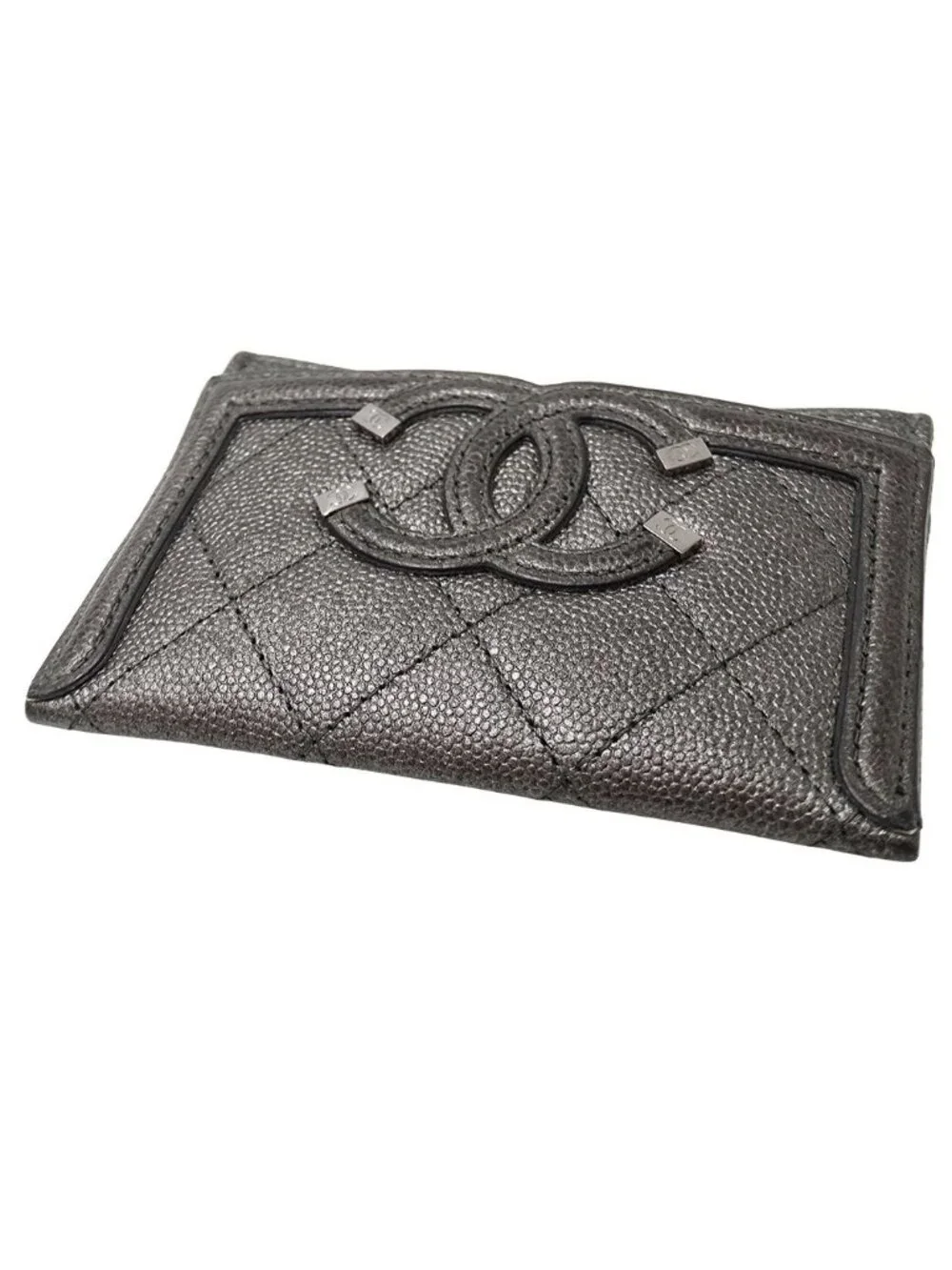 Chanel Card Case Quilted CC Filigree Caviar Leather Gray Silver Metallic